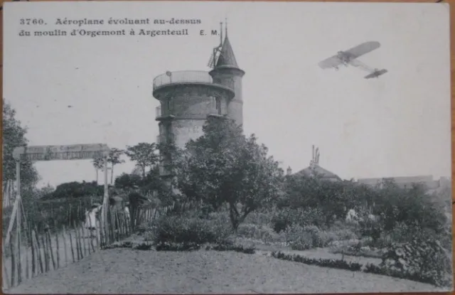 French Aviation 1910 Postcard: Airplane, Moulin d'Orgemont, Argenteuil- Windmill