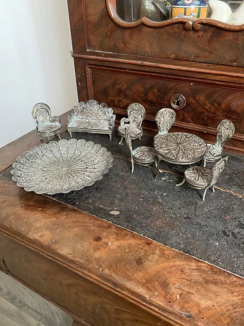 Ancien salon de poupee en argent filigrane 1900
