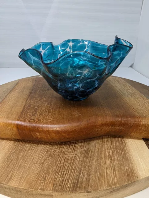 Hand Blown Glass Eye Studio Ruffled Turquoise Candy Bowl Free Form Art Glass