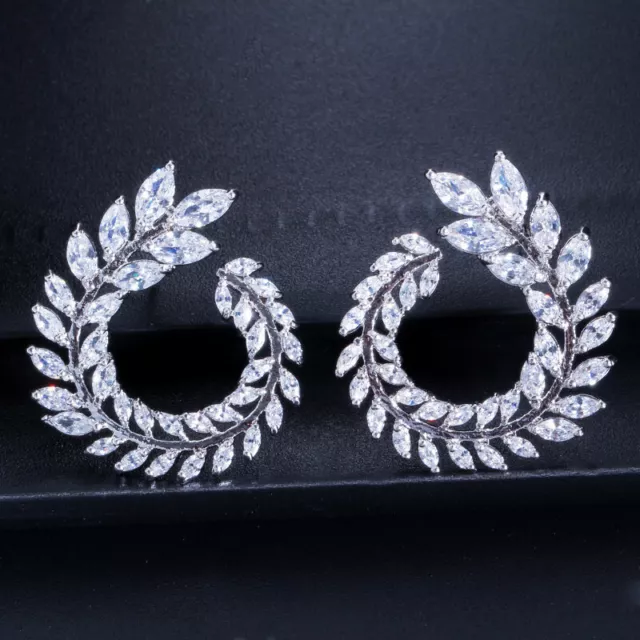 Silver Plated Olive Branch Leaf Marquise Cut Cubic Zirconia Women Stud Earrings