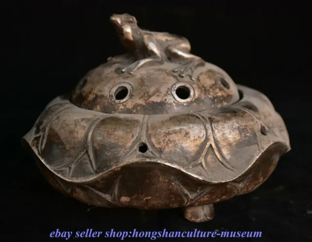 6"China Silver Dynasty Fengshui Frog Lotus leaf Hellow Out incense Burner Censer