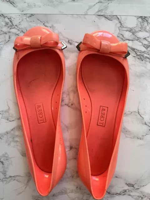 J Crew Womens Rainy Day Rubber Ballet Flats, Bright Coral W/ Rubber Bow, Size 8