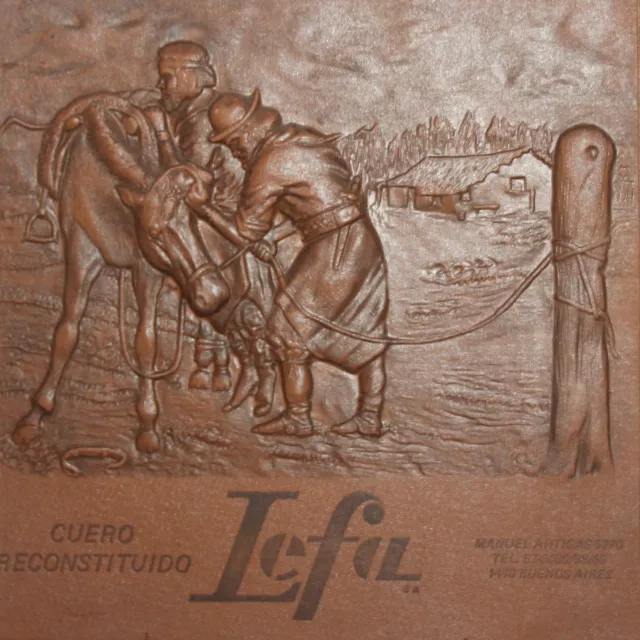 Hand made leather wall hanging plaque two man and horse