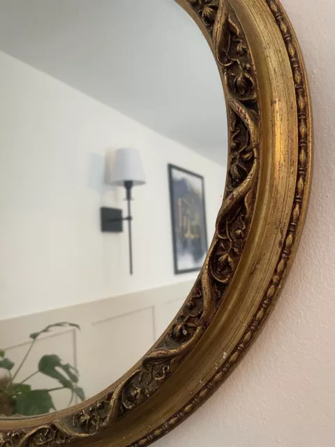 Large vintage oval carved ornate gilt wood wall mirror 31" x 23" 2