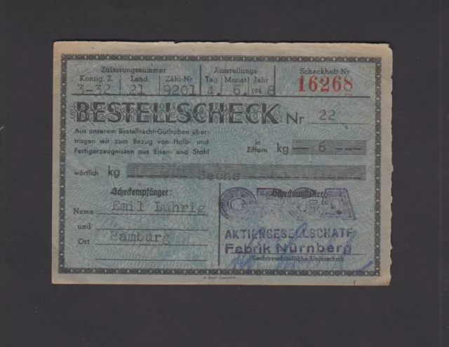 Bestellscheck  über  6  Kg  ......     Eisen  und Stahl  von  1948