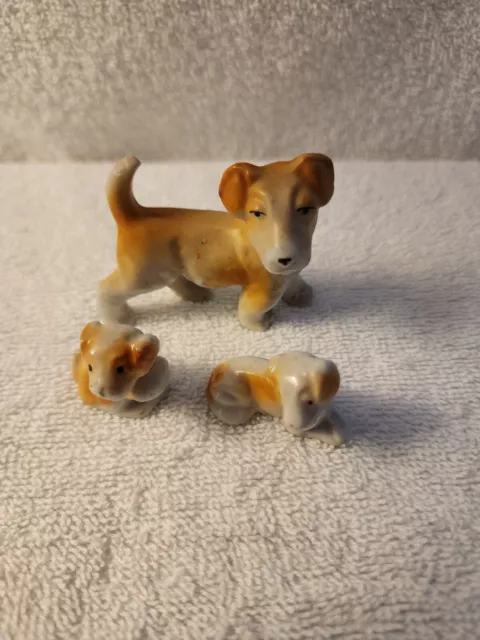 Vintage Small Ceramic Terrier Dog Family 2 Pups Japan