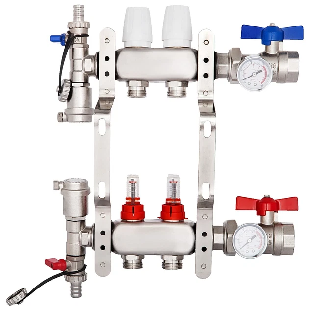 VEVOR Collecteur De Chauffage Radiant 2 Branches - Kit Tubes PEX 1/2" Acier Inoxydable Avec Adaptateurs Et Débitmètres