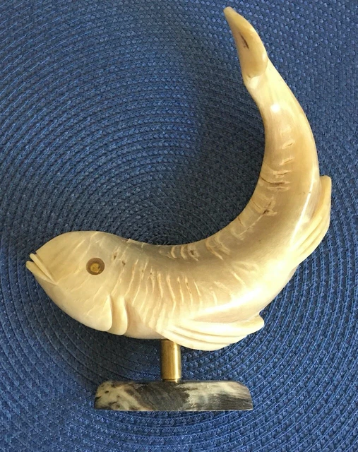 MCM Vintage Fish Figurine With Stand Carved From An Animal Horn - Signed