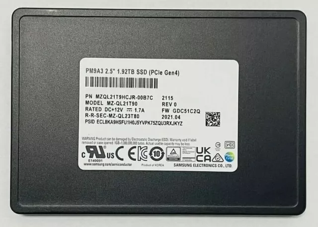 Samsung PM9A3 2.5" 1.92TB SSD PCIe Gen4 MZ-QL21T90