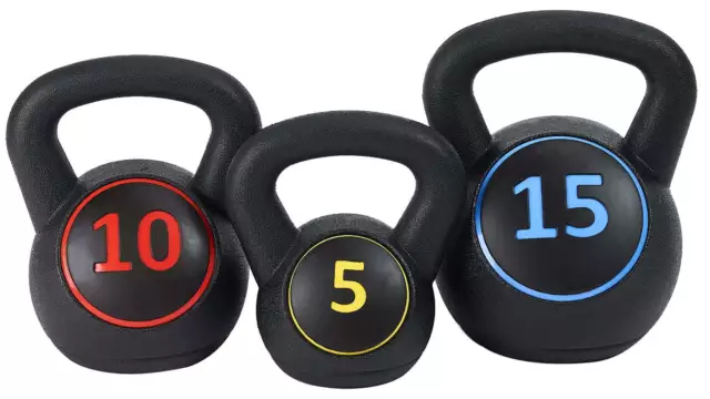 Wide Grip Kettlebell Exercise Fitness Weight Set, 3-Pieces: 5lb, 10lb, and 15lb