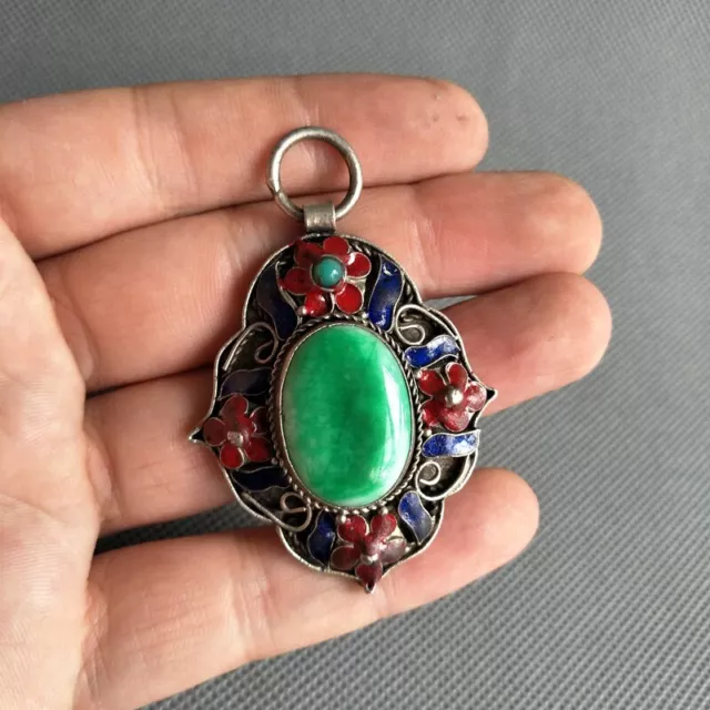 Exquisite Chinese Old Tibet Silver Cloisonne Handmade Inlaid Green Jade Pendant