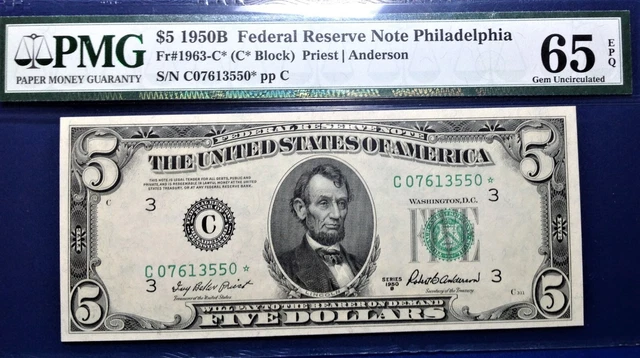 1950B $5 Federal Reserve Note Fr-1963-C* Philadelphia PMG65 Gem EPQ