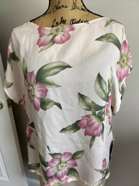 Josephine Chaus 100% Silk Womens 16 Lovely Blouse Embroidered Tropical Floral