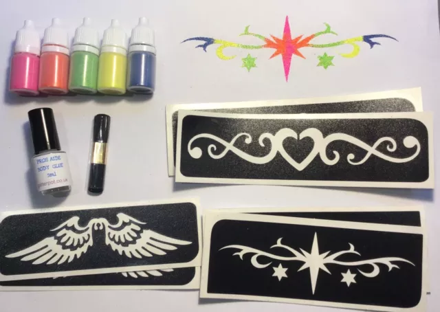 Glitzer Tattoo Kit 6 Grosse Rückseite/Armband Schablonen/Kleber/5 Neon Glitzer Puffers