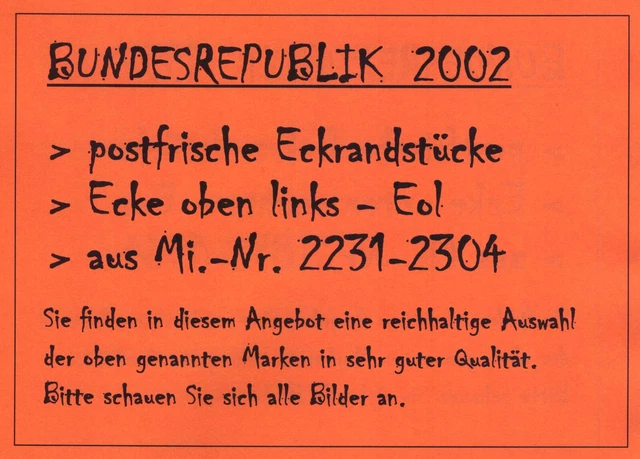 Auswahl BUND 2002 aus Mi.-Nr. 2231-2304 ** Eckrand Ecke oben links - Eol