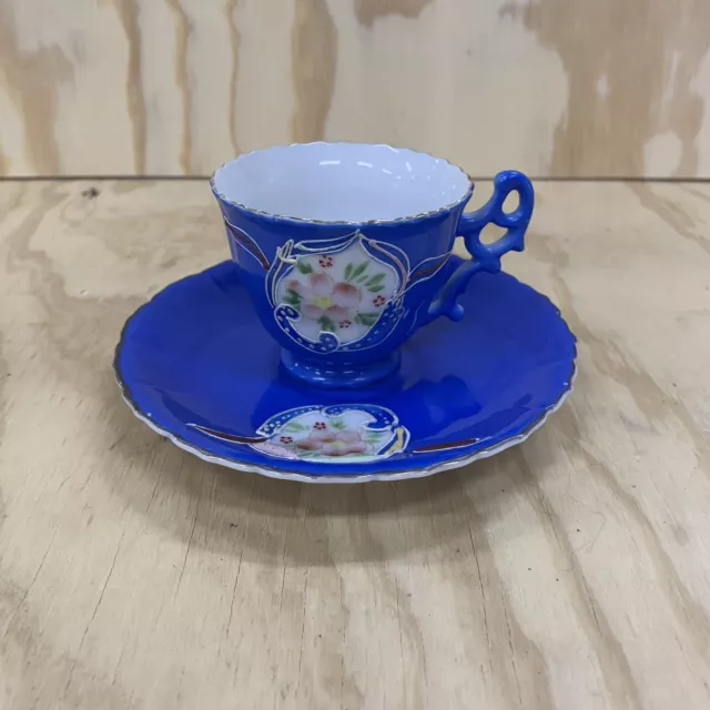 Porcelain Merit Floral Tea Cup & Saucer Set Made in Occupied Japan Vintage Blue