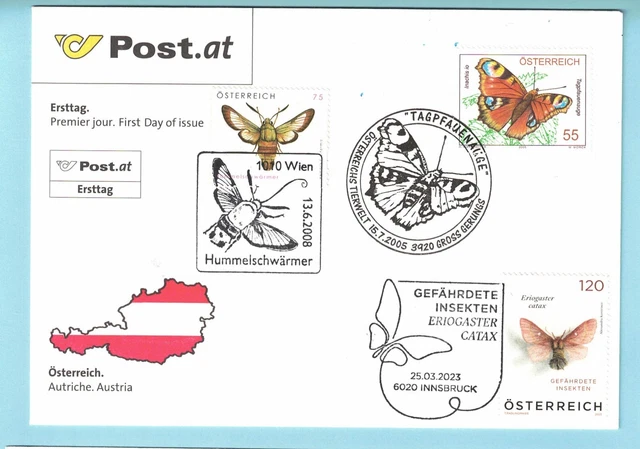 FDC Kombination Österreich Schmetterlinge, Tagpfauenauge, Hummelschwärmer, Eriog