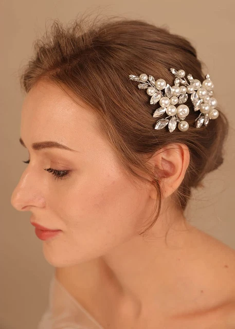 2PCS Wedding Hair Clip Silver Pearls Hair Side Comb Clip Bridal Rhin...