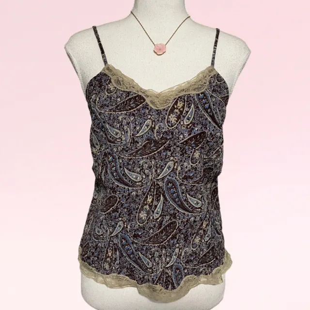 vintage 90s y2k blue brown paisley boho fairy indie grunge lace cami tank top XL