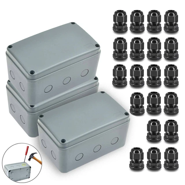 3PCS Waterproof Junction Box Plastic Electrical Enclosure Case w/20 Cable Glands