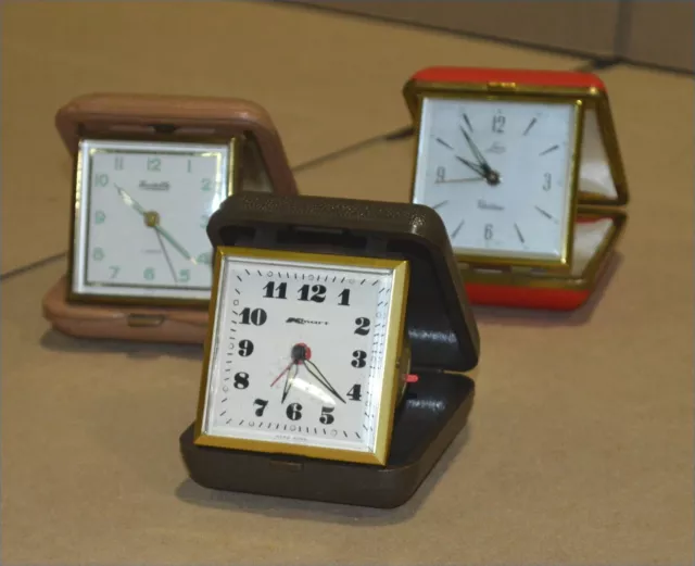 3 Vintage Clamshell Travel Alarm Clocks - Forestville, Lux Robertshaw, & Kmart