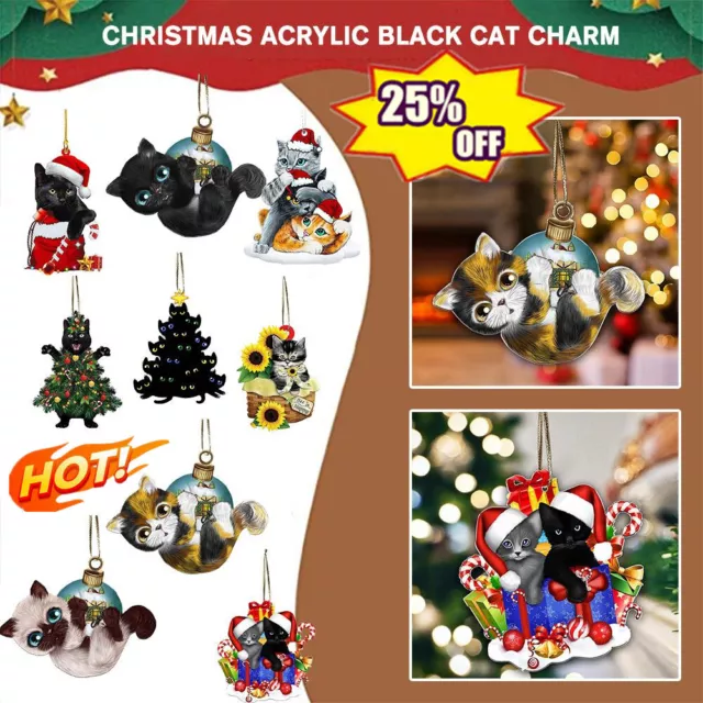 Christmas Black Cat Hanging Pendant Acrylic Festive Xmas Tree Decor Ornament