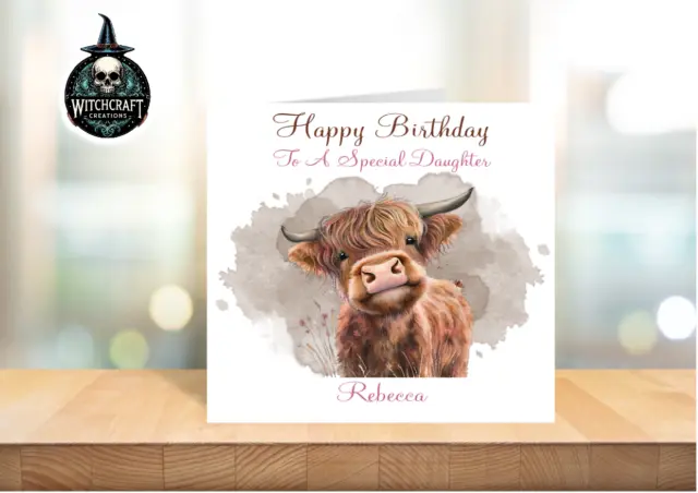 personalised Birthday Card Highland Cow any name/age/relation/occasion.