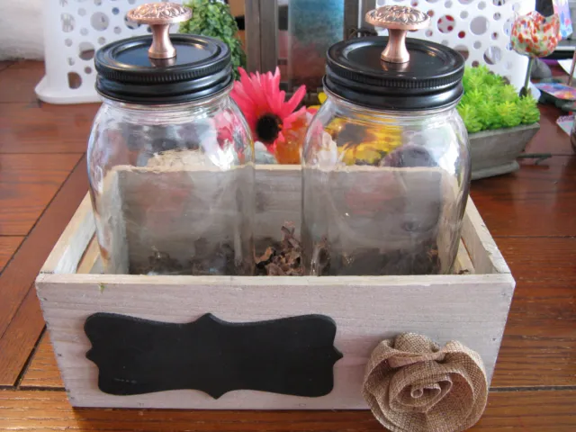 New Rustic Glass Mason Jar Vintage Style Set w/ Ornate Lids & Decorative Crate