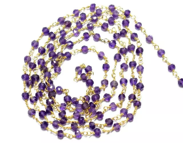 Vermail - Solid 925 Silver Link Chain - 1 Foot - Amethyst Gemstone Beads #D1986