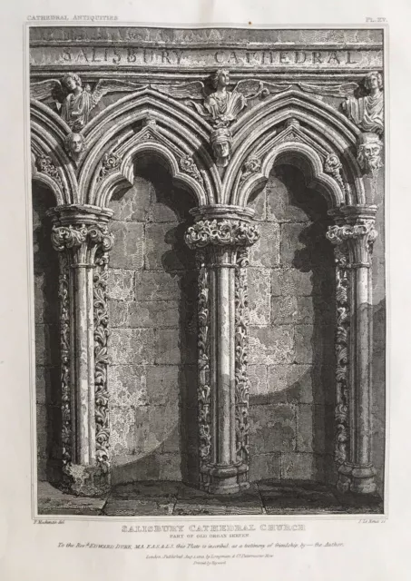 1813 Antique Print; Salisbury Cathedral, Organ Screen after Frederick Mackenzie