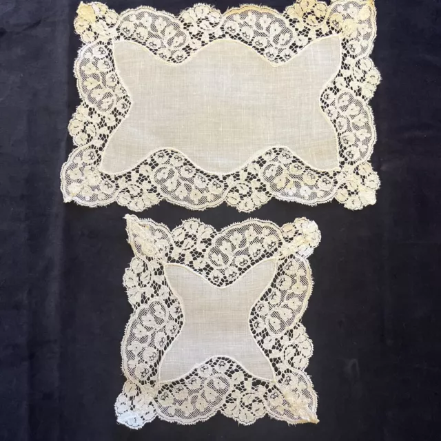 2 Vintage Handmade Lace & Linen Table Mats Doilies White
