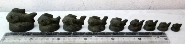 SUPERB! Old Bronze Opium Weight Set 9 Koi Carp Fish