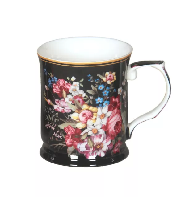 New Fine Bone China Bouquet Flowers in Black Coffee Tea Mug w Handle Cup  415cc