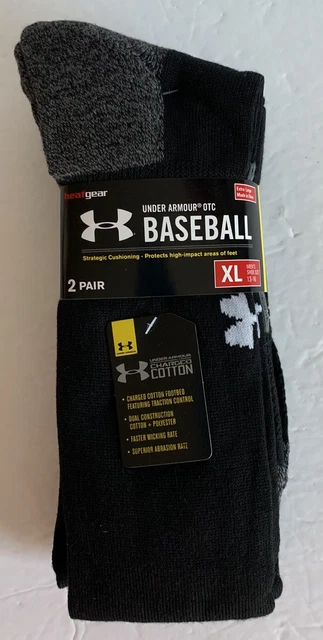 Under Armour Heat Gear Baseball 2-Pack Mens Black Gray White Socks Size 13-16