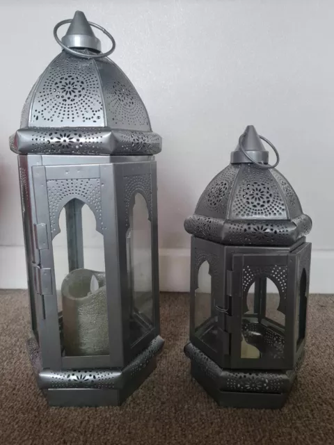 Pair Of Silver Morroccan Style Decorative Lanterns With LED Candles