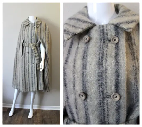 VTG 60S PLAID Mohair Donegal Ireland Cape Coat Gray Ombre Striped ...