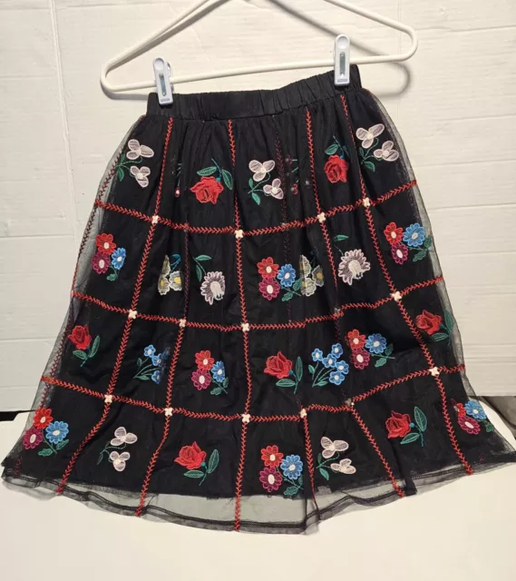 NWT Hanna Andersson Girls Black Floral Embroidered Tulle Midi Skirt Size 140 10 3