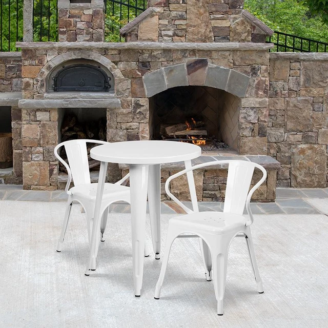 DuCommercial Grade 24" Round White Metal Indoor/Outdoor Table Set w/2 Arm Chairs