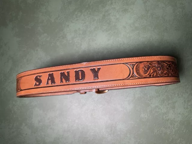 JUSTIN TOOLED WESTERN BELT WOMENS NAME “SANDY” SIZE 30 LEATHER 827C Tan COWGIRL