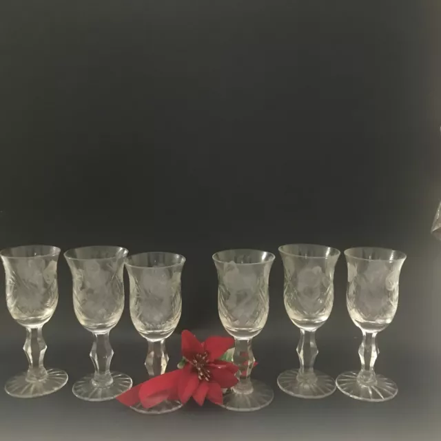 Vintage Etched Rose, Crisscrossed, Starburst Design Sherry Wine Glasses/ Cordial