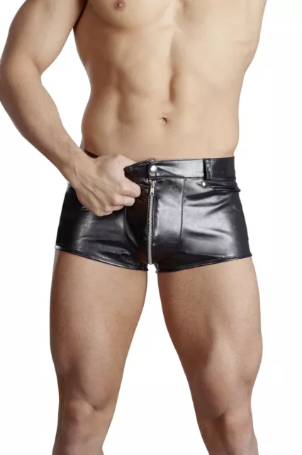 Pantaloncino per uomo in similpelle nero con passanti e zip tasche Sexy intimo