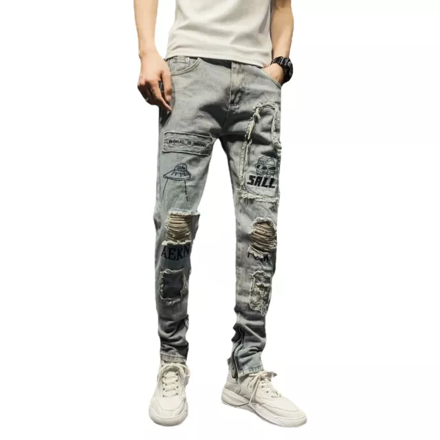 Men's Ripped Mesh Graffiti Graphic Skull Letter Print Denim Skinny Casual Jeans