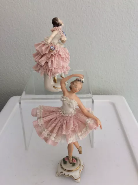 2 ANTIQUE VINTAGE Dresden Germany Porcelain Lace Ballerina Figurine Lot ...