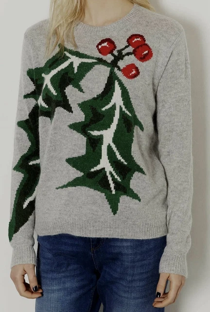 Topshop Iconic Grey Soft Angora Mix Holly Leaf Christmas Festive Jumper Top 8 S