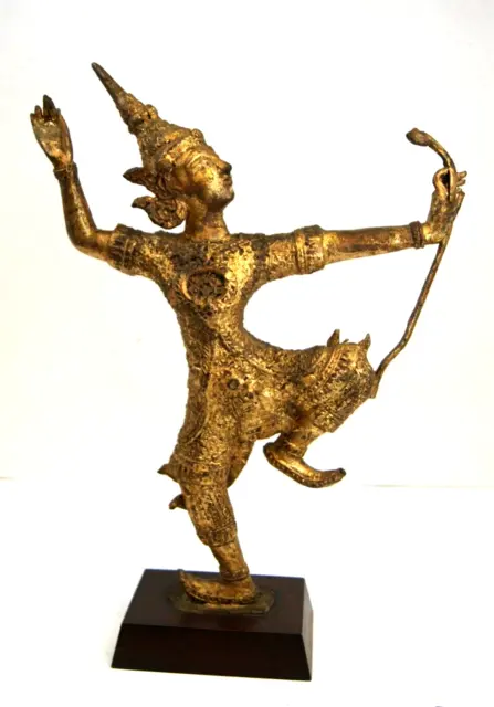 Vintage Bronze Gold / Green Thai Figurine of Prince Rama w/ Bow 13" Tall