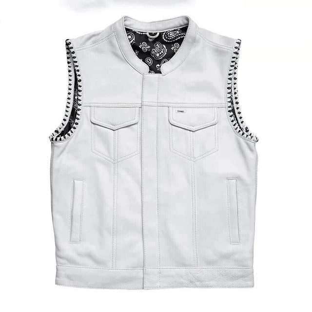 Men's White Leather Vest W/Black Paisley Lining Motorbike Waistcoat