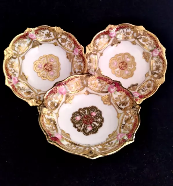 Set of 3 RC Nippon Noritake Hand Painted Small Berry Fruit Bowls Gold Pink Roses