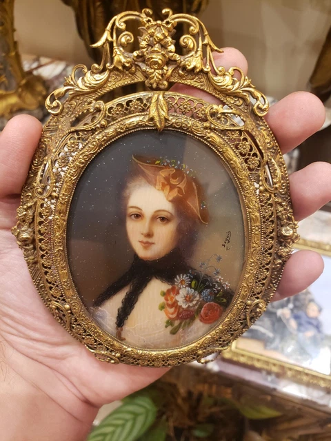 19th Century Hand Painted Porcelain Miniature Gilt bronze Frame signed