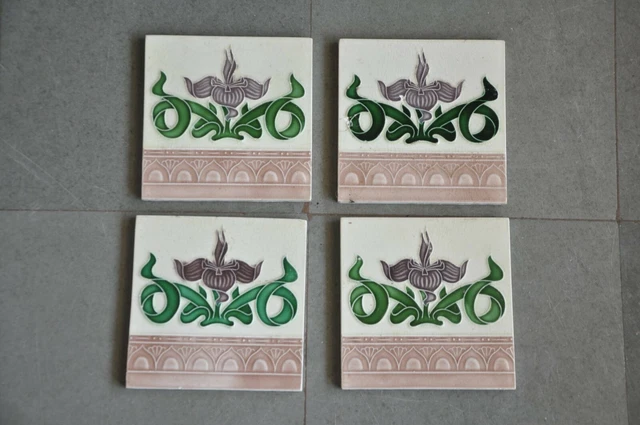 4 Pc Vintage Majolica Decorative Flower Art Nouveau Architecture Tiles, Japan 2