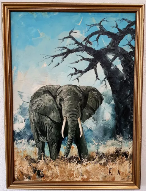 Wunderschönes Ölgemälde Kunstwerk mit Rahmen Bild Malerei Oil Painting Elefant